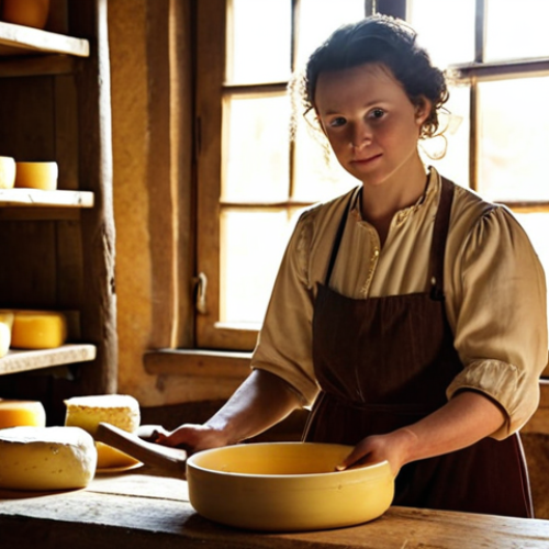 **

A rustic farm scene in Brandenburg, Germany. A cheesemaker, with a weathered face and kind eyes, carefully stirs a vat of milk with a large wooden paddle. Jars of freshly made cheese sit on wooden shelves in the background. Sunlight streams through the window, illuminating the scene with a warm, golden glow. Focus on the traditional methods and the passion in the cheesemaker's eyes. The scene evokes a sense of tranquility and the authentic taste of handcrafted cheese.

**