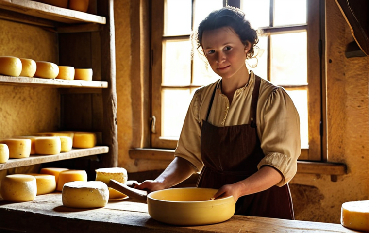 **

A rustic farm scene in Brandenburg, Germany. A cheesemaker, with a weathered face and kind eyes, carefully stirs a vat of milk with a large wooden paddle. Jars of freshly made cheese sit on wooden shelves in the background. Sunlight streams through the window, illuminating the scene with a warm, golden glow. Focus on the traditional methods and the passion in the cheesemaker's eyes. The scene evokes a sense of tranquility and the authentic taste of handcrafted cheese.

**