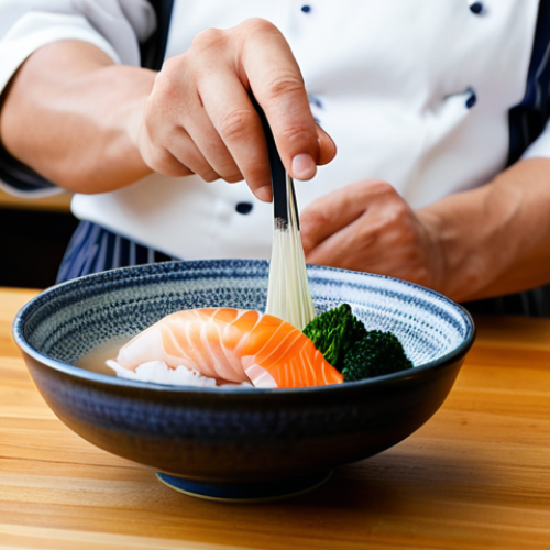 A professional close-up photograph showcasing a skilled chef's hands, fully clothed in a modest, appropriate chef's uniform, meticulously performing precise cuts on vibrant, fresh vegetables and delicate sashimi-grade fish using a high-quality Japanese Santoku knife. The scene is set on a clean, minimalist kitchen counter with subtle natural lighting, emphasizing the artistry and detail of Japanese culinary preparation. A hint of steaming dashi broth is visible in a background bowl, suggesting deep umami flavors. High-resolution, professional studio photography, shallow depth of field, sharp focus, perfect anatomy, correct proportions, natural pose, well-formed hands, proper finger count, natural body proportions, safe for work, appropriate content, family-friendly, professional, modest.