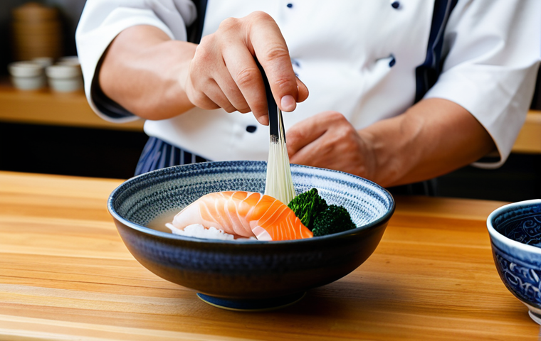A professional close-up photograph showcasing a skilled chef's hands, fully clothed in a modest, appropriate chef's uniform, meticulously performing precise cuts on vibrant, fresh vegetables and delicate sashimi-grade fish using a high-quality Japanese Santoku knife. The scene is set on a clean, minimalist kitchen counter with subtle natural lighting, emphasizing the artistry and detail of Japanese culinary preparation. A hint of steaming dashi broth is visible in a background bowl, suggesting deep umami flavors. High-resolution, professional studio photography, shallow depth of field, sharp focus, perfect anatomy, correct proportions, natural pose, well-formed hands, proper finger count, natural body proportions, safe for work, appropriate content, family-friendly, professional, modest.
