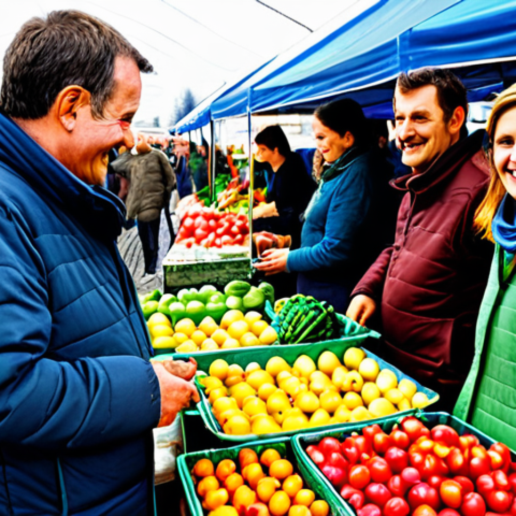 Seasonal Cooking at a Farmer's Market**
"A vibrant and bustling farmer's market scene in Germany, featuring a diverse array of colorful, seasonal fruits and vegetables, professional photography, stalls overflowing with fresh produce, customers browsing, a vendor smiling and offering produce, fully clothed people, modest attire, natural lighting, safe for work, appropriate content, perfect anatomy, correct proportions, well-formed hands, natural pose, family-friendly, professional."
**