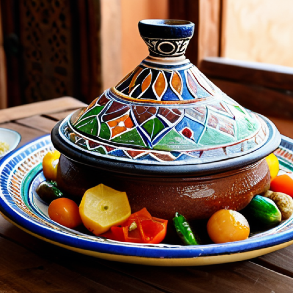 아프리카 요리 기법의 현대적 응용 - **Prompt:** "A beautifully decorated Tajine dish, filled with colorful vegetables and tender meat, p...