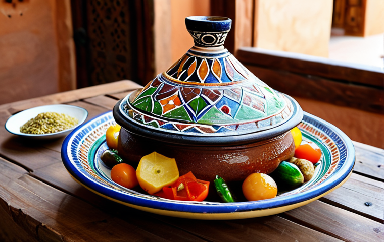 아프리카 요리 기법의 현대적 응용 - **Prompt:** "A beautifully decorated Tajine dish, filled with colorful vegetables and tender meat, p...