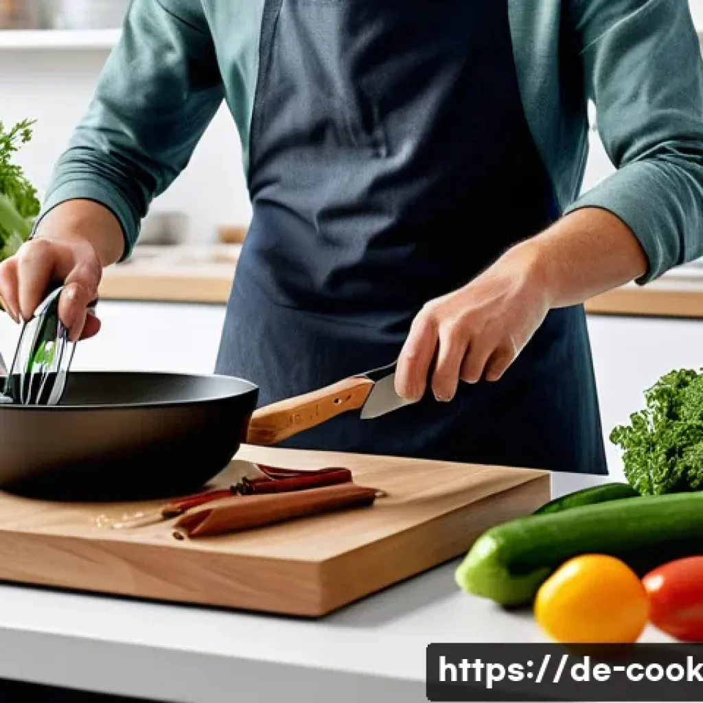 효율적인 요리 기술 통합을 위한 팁 - A modern German kitchen scene showing a well-organized cooking setup with all ingredients pre-measur...