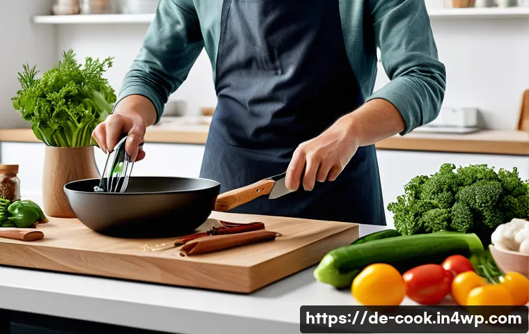 효율적인 요리 기술 통합을 위한 팁 - A modern German kitchen scene showing a well-organized cooking setup with all ingredients pre-measur...