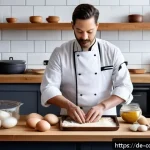 Home 16 세계 요리 기술 통합을 위한 연구 방향 - A modern European kitchen scene showcasing a professional chef carefully combining traditional Japan...