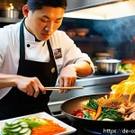 Home 21 세계 요리 기술 통합을 위한 최선의 접근 - A vibrant Asian kitchen scene featuring a chef skillfully stir-frying colorful vegetables and sliced...