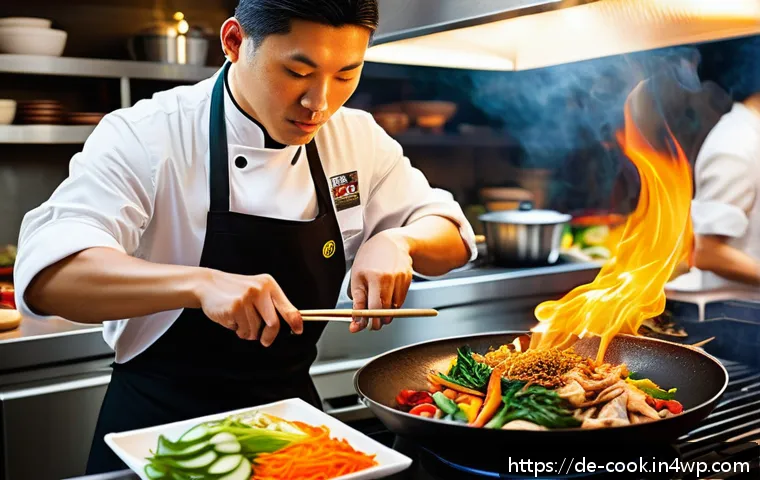세계 요리 기술 통합을 위한 최선의 접근 - A vibrant Asian kitchen scene featuring a chef skillfully stir-frying colorful vegetables and sliced...