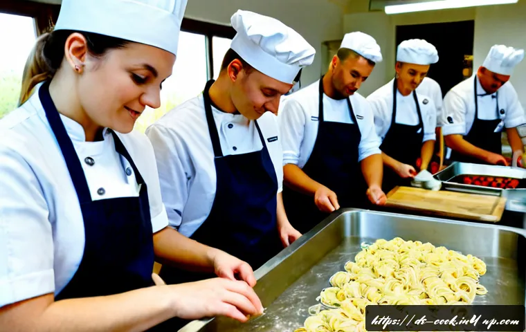 Home 17 요리 학교에서 배우는 세계 요리 기술 - Photorealistic culinary school kitchen in Germany, diverse adult students in clean chef jackets lear...